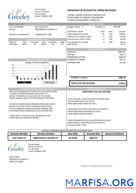 Downloadable USA Colorado City of Greeley water utility bill template in Word and PDF format
